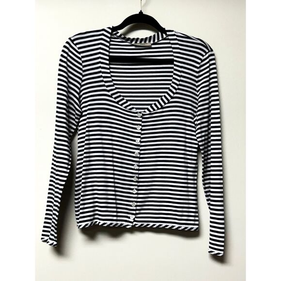 BURBERRY LONDON Classic Navy/White Striped Scoop Neck Long Sleeve Top, Sz M - Picture 1 of 9